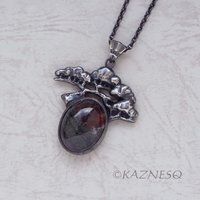 (C) KAZNESQ: Moss Agate Bonsai Pine Tree motif Oxidized Silver Pendant Necklace