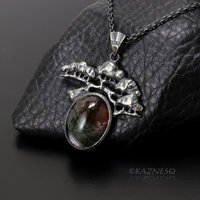 (C) KAZNESQ: Moss Agate Bonsai Pine Tree motif Oxidized Silver Pendant Necklace