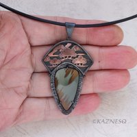 (C) KAZNESQ: Owyhee Picture Jasper and Copper Pine Tree Bonsai Oxidized Silver P