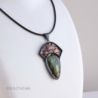 (C) KAZNESQ: Owyhee Picture Jasper and Copper Pine Tree Bonsai Oxidized Silver P