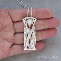 (C) KAZNESQ: Art Nouveau style mat finish silver floral pendant necklace with Ak