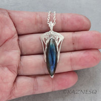 (C) KAZNESQ: Blue Marquise Labradorite Art Nouveau Openwork Silver Pendant Neckl