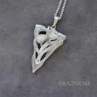 (C) KAZNESQ: Art Nouveau style Floral triangle silver pendant with Akoya Pearls.