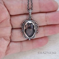 (C) KAZNESQ: Iolite Sunstone oxidized silver filigree and scrolls pendant neckla