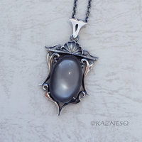 (C) KAZNESQ: African Moonstone Goth style Oxidized Silver Pendant Necklace