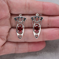 (C) KAZNESQ: Art Nouveau style Silver Earrings with garnets, lever back wires