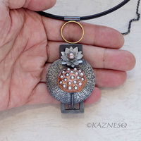 (C) KAZNESQ: Lotus Seedpod and Flower oxidized silver freshwater pearls pendant