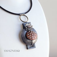 (C) KAZNESQ: Lotus Seedpod and Flower oxidized silver freshwater pearls pendant