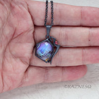(C) KAZNESQ: Amethyst lined with Paua shell oxidized silver Hexagon pendant neck
