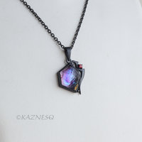 (C) KAZNESQ: Amethyst lined with Paua shell oxidized silver Hexagon pendant neck