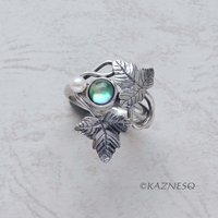 (C) KAZNESQ: Quartz lined with Paua shell Leaf motif Art Nouveau style silver ri