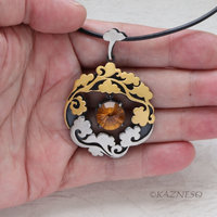 Asian Happy Cloud motif Keum Boo pendant of silver and citrine