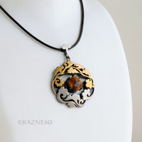 Asian Happy Cloud motif Keum Boo pendant of silver and citrine