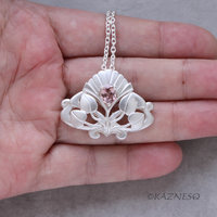 (C) KAZNESQ: Art Nouveau style matte finished silver floral pendant necklace wit