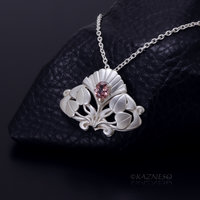 (C) KAZNESQ: Art Nouveau style matte finished silver floral pendant necklace wit