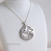 (C) KAZNESQ: Art Nouveau style Lotus Flower Matte Silver pendant Necklace