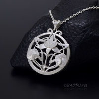 (C) KAZNESQ: Art Nouveau style Lotus Flower Matte Silver pendant Necklace