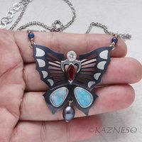 (C) KAZNESQ:Japanese Shakudo Iroage Butterfly pendant with opals, 0.46ct diamond