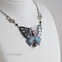(C) KAZNESQ:Japanese Shakudo Iroage Butterfly pendant with opals, 0.46ct diamond