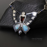 (C) KAZNESQ:Japanese Shakudo Iroage Butterfly pendant with opals, 0.46ct diamond
