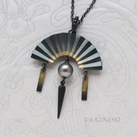 Black Tahitian Pearl Pendant, Oxidized Silver and Gold Powder Fan – Wabi-Sabi Piece
