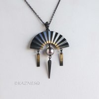 Black Tahitian Pearl Pendant, Oxidized Silver and Gold Powder Fan – Wabi-Sabi Piece