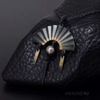 Black Tahitian Pearl Pendant, Oxidized Silver and Gold Powder Fan – Wabi-Sabi Piece