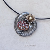 Lotus Seedpod and Flower Akoya Pearl oxidized Silver Necklace.
