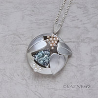 Blue Topaz and Freshwater Pearls matte finished silver leaf pendant necklace