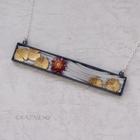 Water Lily and Water Pattern Rectangle Necklace with Keum Boo and Red Patina Copper