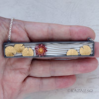 Water Lily and Water Pattern Rectangle Necklace with Keum Boo and Red Patina Copper