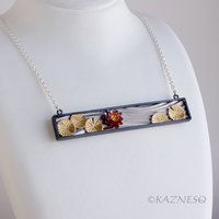 Water Lily and Water Pattern Rectangle Necklace with Keum Boo and Red Patina Copper