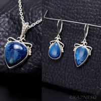 A set of Shattuckite Silver Earrings and a Necklace.