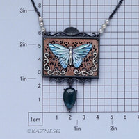 Antique Taste Blue Butterfly Rectangle Pendant Necklace of Copper and Oxidized Silver and Kyanite