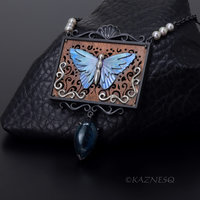 Antique Taste Blue Butterfly Rectangle Pendant Necklace of Copper and Oxidized Silver and Kyanite