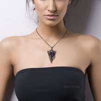 Thistle motif Triangle Goth taste oxidized silver pendant necklace with Amethyst