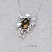 Citrine + Mother of Pearl leaf motif Art nouveau matte silver pendant necklace