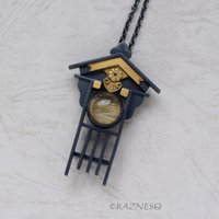 Japanese Traditional facade motif Oxidized Silver Pendant Necklace with Rutilated Quartz
