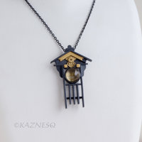 Japanese Traditional facade motif Oxidized Silver Pendant Necklace with Rutilated Quartz