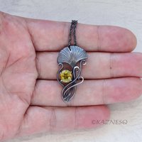 Art Nouveau style Ginkgo motif Oxidized Silver Oval Sphene Pendant Necklace 