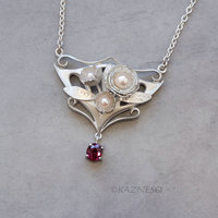 Art Nouveau style Matte Silver Floral Pendant Necklace with Rhodolite Garnet and Akoya Pearls