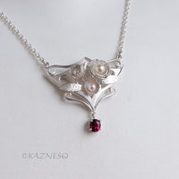 Art Nouveau style Matte Silver Floral Pendant Necklace with Rhodolite Garnet and Akoya Pearls
