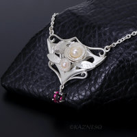 Art Nouveau style Matte Silver Floral Pendant Necklace with Rhodolite Garnet and Akoya Pearls