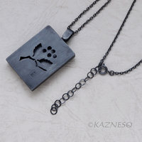 Red Berries and leaves Japanese Patina Oxidized Silver Rectangle Pendant Necklace 