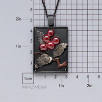 Red Berries and leaves Japanese Patina Oxidized Silver Rectangle Pendant Necklace 