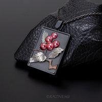Red Berries and leaves Japanese Patina Oxidized Silver Rectangle Pendant Necklace 