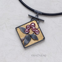 Red Berries and leaves Oxidized Silver Pendant Necklace with Gold Keum Boo