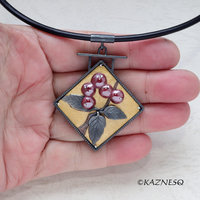 Red Berries and leaves Oxidized Silver Pendant Necklace with Gold Keum Boo