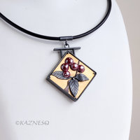 Red Berries and leaves Oxidized Silver Pendant Necklace with Gold Keum Boo