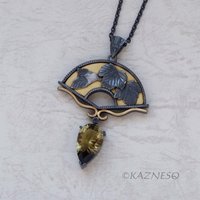 Leaf motif Fan shape Oxidized Silver Black and Gold Pendant Necklace featuring a Smoky Citrine